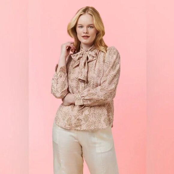 Tucker Clara Bow Blouse Blush Spot in Silk Crepe de Chine Printed Top Luxury - Picture 1 of 3